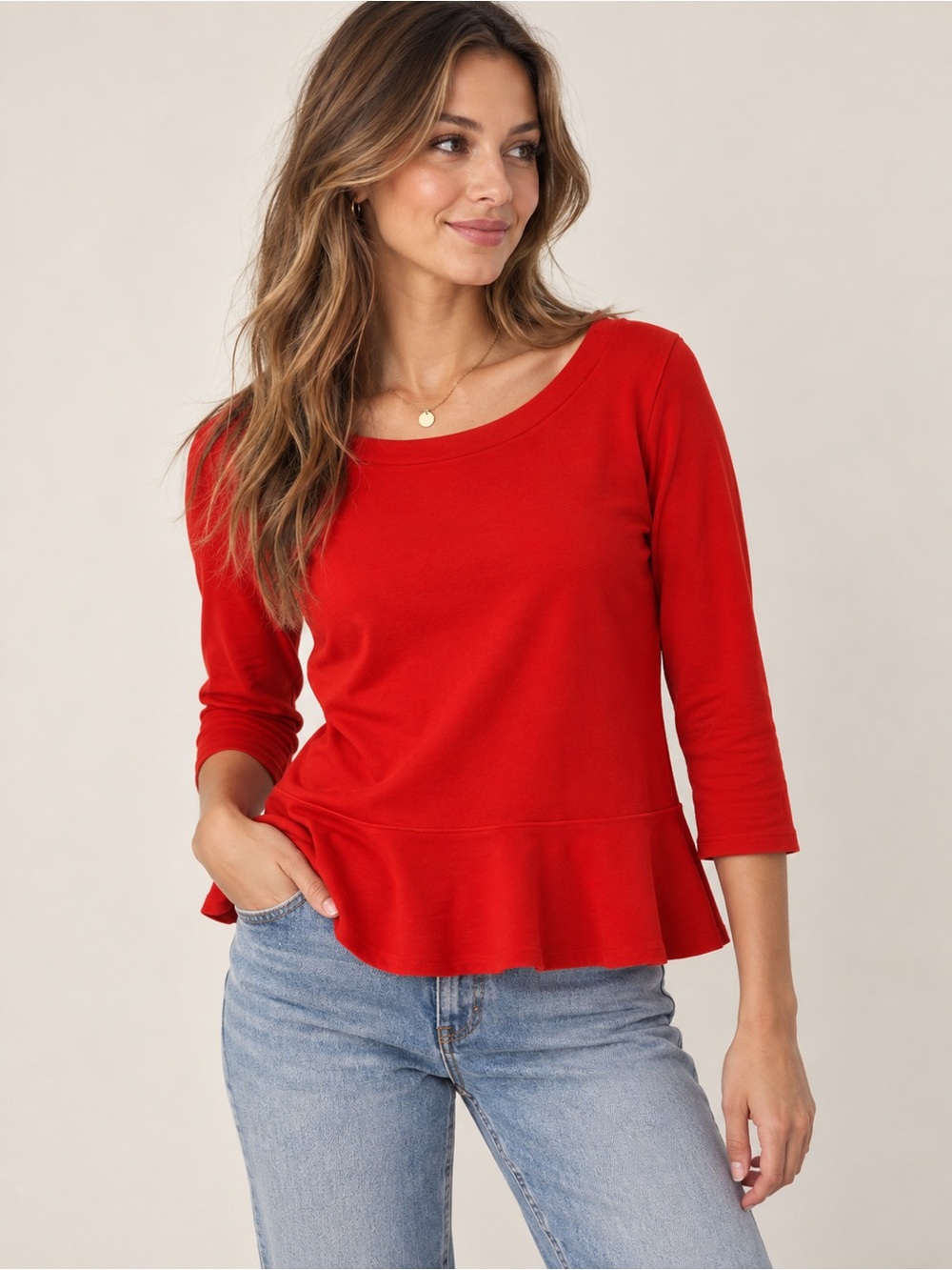 Lands’ End Red Peplum 3/4 Sleeve Top Women’s L 14–16